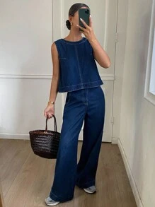 DAZY 秋季新款宽松休闲牛仔连体裤 - 藍色 - 查看 3
