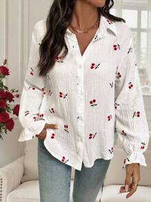 大码女式樱桃印花单排扣长袖衬衫 - 白色 - 查看 5