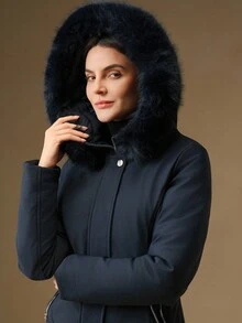 Anewsta Women's Mid-Length Cinched Waist Hooded Zip-Up Padded Coat