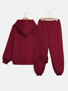 SHEIN EZwear 2 件酒红色加大码连帽宽松长袖运动衫和松紧腰长裤套装连帽衫和运动裤套装运动服 2 件套休闲套装女式舒适套装 - 酒紅色 - 查看 2