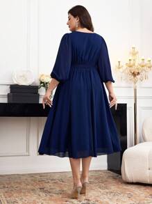 Modelyn Plus Size Rhinestone Color Block Waist Cinched Long Sleeve Dress - Navy Blue - View 2