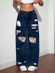 SHEIN Tall 女式深色做旧时尚牛仔裤 - 中等水洗藍 - 查看 7