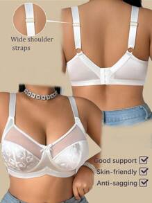 DesireSculpt Plus Size Mesh Patchwork Jacquard Wireless Bra, Lift - White - View 7