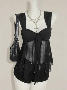 SHEIN ICON Shiny Fabric Asymmetrical Mesh Hem Women's Camisole Black Sparkly Top,Black Tops