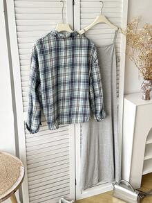 少女夏秋季休闲套装：格子衬衫和字母图案长裙，适合度假休闲穿着 - 彩色 - 查看 2