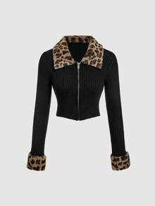 Skyraze 女式拉链前长袖黑色豹纹领时尚针织开衫秋冬 - 黑色 - 查看 1