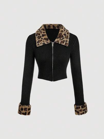 Skyraze 女式拉链前长袖黑色豹纹领时尚针织开衫秋冬