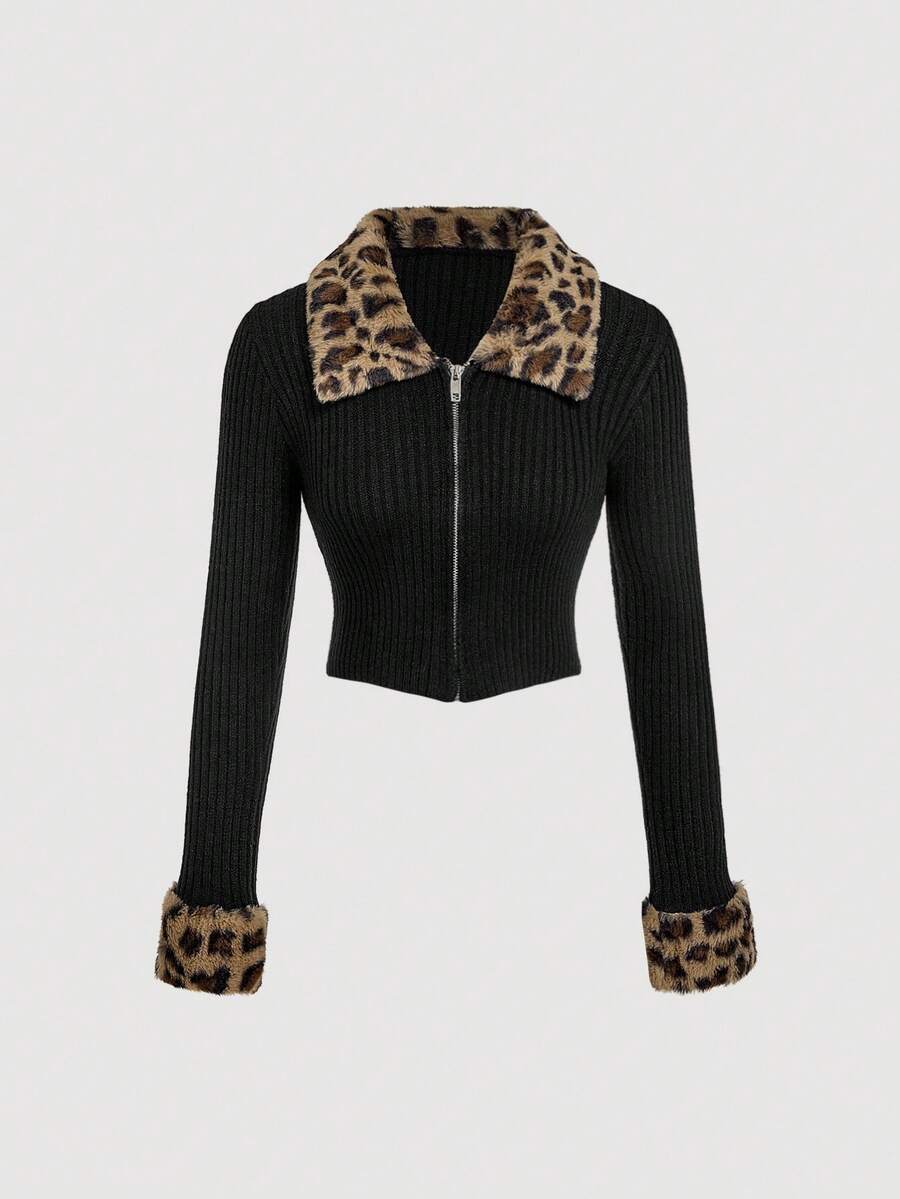 Skyraze 女式拉链前长袖黑色豹纹领时尚针织开衫秋冬 - 黑色 - 查看 1