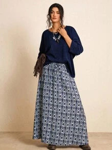 SHEIN LUNE Plus Size Women Holiday Casual Knit Top & Allover Print Skirt 2 Pieces Set Fall/Winter Clothes Chic - Navy Blue - View 9