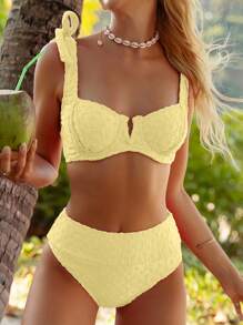 Swim Mod Women's Solid Yellow Shoulder Knot Sexy Bikini Set For Summer Beach, Bathing Suit