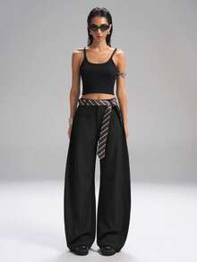 LYSMO 2025 女士休闲黑色宽松喇叭裤配条纹腰带