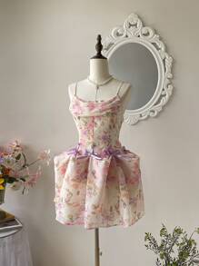 SHEIN MOD Váy chiffon in hoa có thể điều chỉnh độ dài kèm nơ trang trí - Nhiều màu - Xem 9