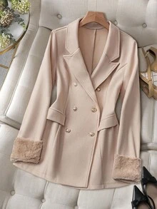 GlowEve CURVE Elegant Casual Daily Plush Patchwork Plus Size Woolen Coat For Women Fall Winter Cloth For Women Autumn - Apricot - View 1