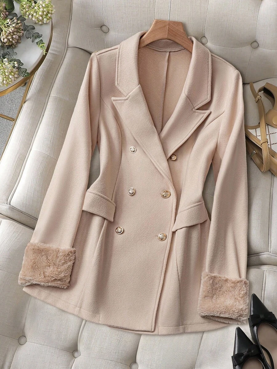 GlowEve CURVE Elegant Casual Daily Plush Patchwork Plus Size Woolen Coat For Women Fall Winter Cloth For Women Autumn - Apricot - View 1
