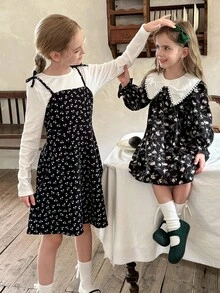 LMoss Kids 2 pièces Ensemble T-shirt col rond en tricot de couleur unie et robe nuisette en tricot à fleurs pour préadolescentes - Multicolore - Voir 3