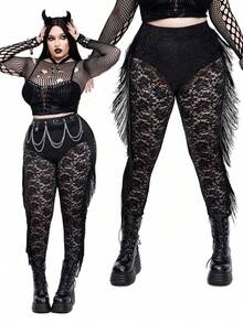 SHEIN Whyspr Goth Punk Halloween Gothic Lace And Tassels Darkwear Plus Size Leggings - Black - View 8