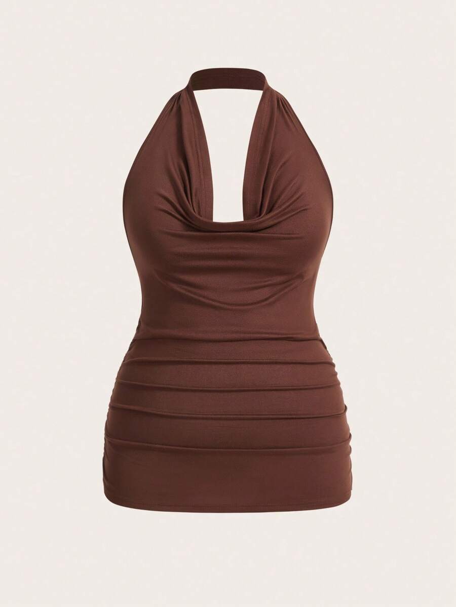 SHEIN EZwear 加大码性感纯色露背吊带背心，夏季 - 巧克力棕 - 查看 1