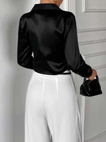 EURMUSE Cropped Long Sleeves Satin Blouse, V-Neck Style, Party Wear, Fitted Cut, Satin Look Material, Evening Fashion, Dressy Style, Sophisticated Design, Chic Fashion, Festive Wear, Modern Cut - Black - View 2