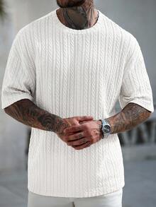 Manfinity CasualCool 男士夏季圆领短袖休闲宽松针织提花T恤男针织上衣男士白色T恤男士针织衫男白色针织T恤纹理T恤男 - 白色 - 查看 3