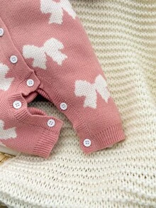 SHEIN Newborn Baby Girl Casual Bow Knit Jumpsuit, Autumn/Winter Baby Winter Clothes Baby Romper Knitted Baby Jumpsuit Baby Jumpsuit Bow Print Baby Clothes Fall - Pink - View 6