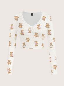 Sweetina 休闲简约全身印花蕾丝长袖女式 T 恤 - 彩色 - 查看 1