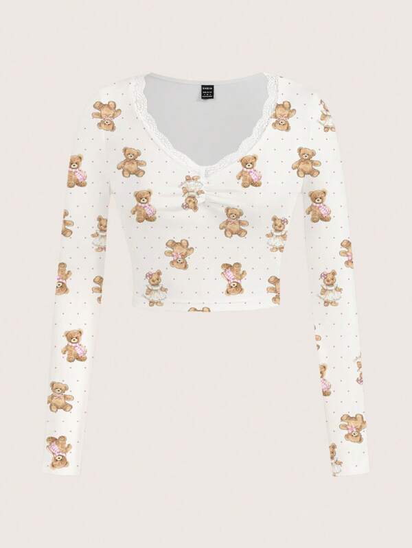 Sweetina Maglietta casual e minimalista da donna a maniche lunghe con stampa all-over in pizzo