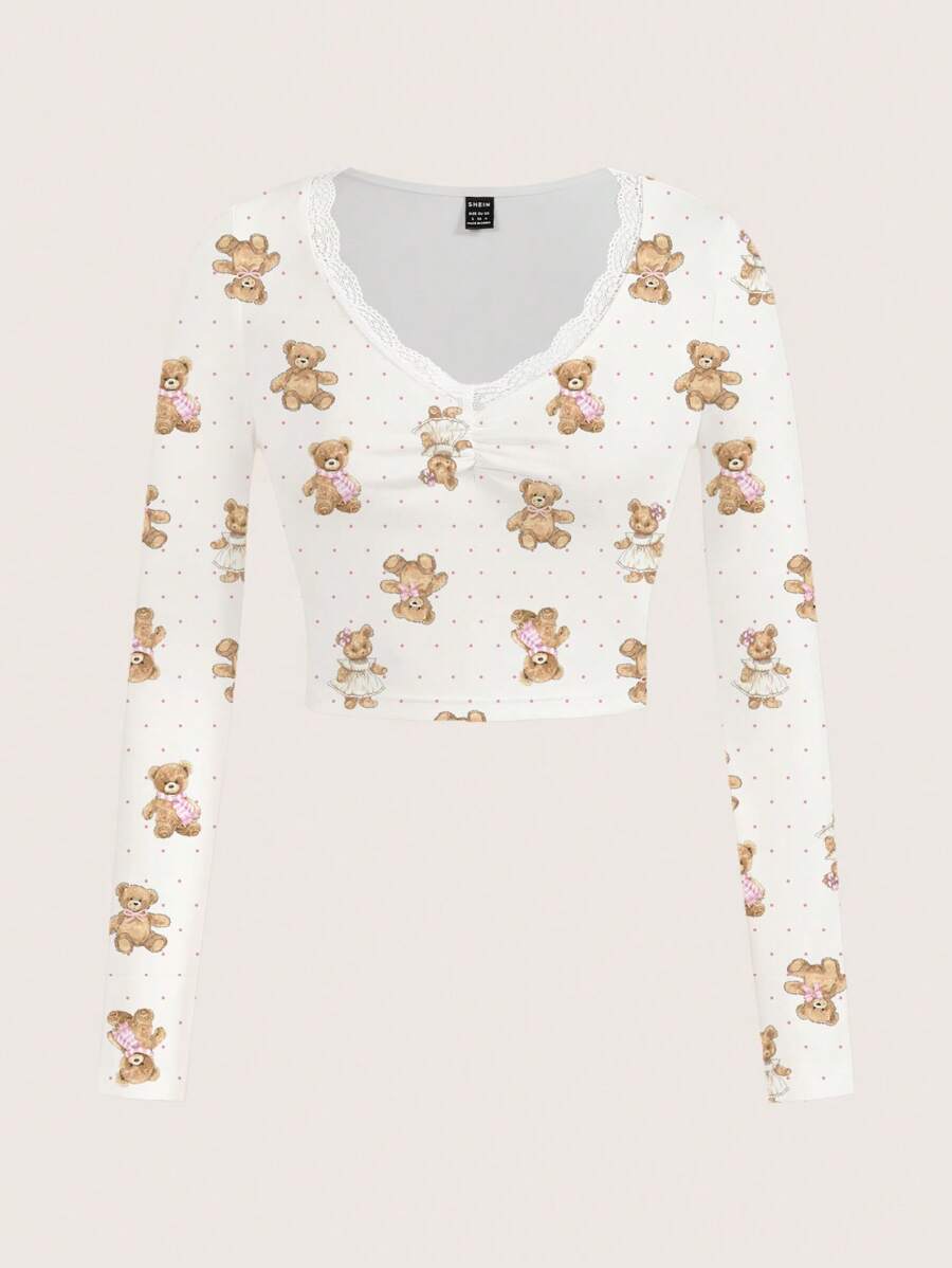 Sweetina 休闲简约全身印花蕾丝长袖女式 T 恤 - 彩色 - 查看 1