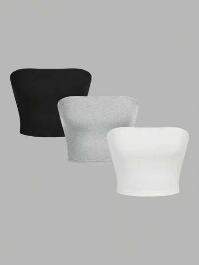 SHEIN EZwear 3pcs Sexy Minimalist Solid Color Cropped Camisole Tops, Fitted Summer Wear For Women