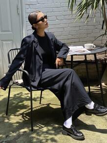 DAZY 2 件套女士商务休闲条纹翻领夹克和裙子套装，秋季 - 藏蓝色 - 查看 8