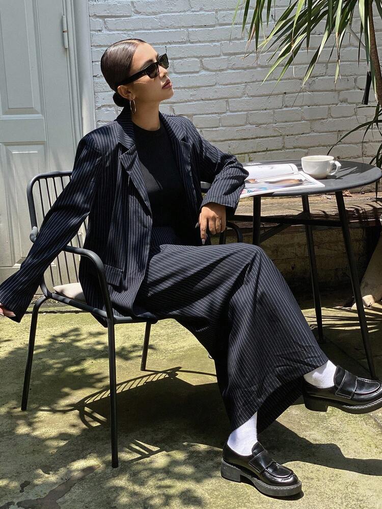 2pcs Women's Business Casual Striped Lapel NeckJacket And Skirt Suit Set, Autumn