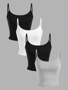 4 pièces Débardeur court ajusté de sport minimaliste de couleur unie pour jeunes filles, Noir/Blanc/Gris - Multicolore - Voir 1