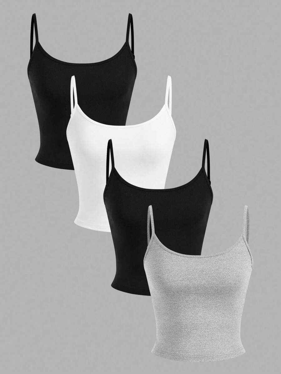 4 pièces Débardeur court ajusté de sport minimaliste de couleur unie pour jeunes filles, Noir/Blanc/Gris - Multicolore - Voir 1