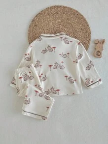 Loomiva 2件套女婴卡通兔子图案针织软领开衫和松紧腰裤套装