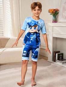 SHEIN 2pcs Kids/Tween Boys Casual Everyday Versatile Comfortable Printed Pattern Crew Neck Loose Pullover Short Sleeve Top And Shorts Knit Tight Fit Pajama Set Boys Sleepwear Boys Pajamas Set Boy Pajama Shorts Sets Snug Fit - Multicolor - View 6
