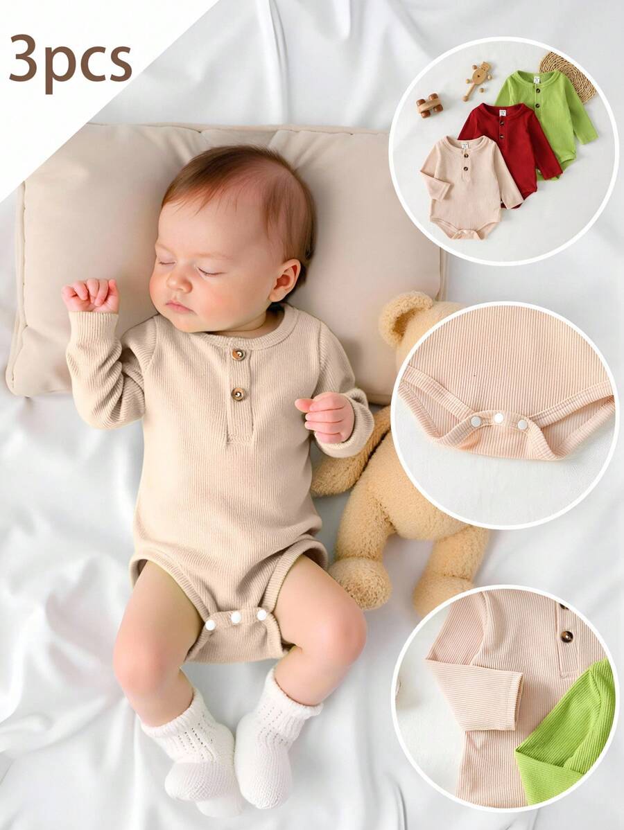 3件套婴儿男女通用休闲简约多色开襟长袖连体衣，适合春秋季日常穿着、外出，男女宝宝连体衣，新生儿服装，婴儿连体衣，新生儿男女通用服装，婴儿套装，中性尺码1-3-6-9-12-24-1T-2T，秋冬季 - 彩色 - 查看 1