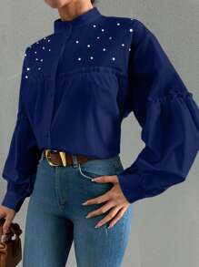 EURMUSE 100%Cotton Women's Elegant Solid Color Stand Collar Lantern Sleeve Shirt With Ruffle Trim, Rhinestone Decoration And Pleats, Spring And Summer - Navy Blue - View 4