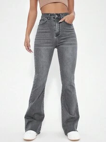 EURMUSE Women's Solid Color Minimalist Daily Wear High Waist Flare Jeans - Grey - View 3