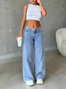 EURMUSE 100% Cotton Low Waist Raw Hem Snow Wash Wideleg Jean - Baby Blue - View 3