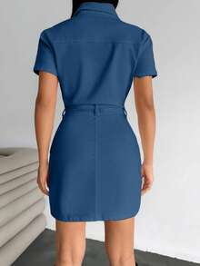 EURMUSE Mini Button And Belt Detailed Denim Dress - Medium Wash - View 2