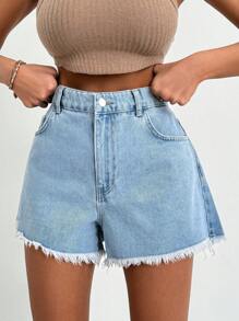 EURMUSE 100%纯棉女士浅蓝色毛边水洗牛仔短裤 - 淺色水洗藍 - 查看 5