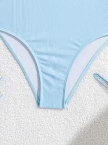 SHEIN Traje de baño de una pieza para adolescentes, bañador con rayas azules con decoración de estrella de mar y concha, con tirantes ajustables - Azul - Ver 4