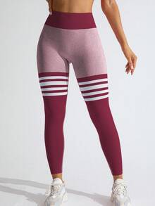 Core Rhythm Leggings deportivos para mujer, pantalones ajustados a rayas burdeos, cintura fruncida, levantamiento de glúteos sexy para yoga y fitness