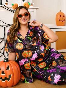 Chillnights Plus Size Halloween Cat & Pumpkin Print Pajama Set, For Halloween Party - Multicolor - View 5
