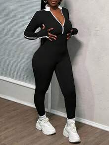 Slaydiva 女式秋季拼色拉链半襟长袖休闲连体裤