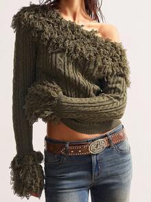 Bohemela Áo len dài tay hở vai họa tiết cáp màu trơn chắp vá thời trang cho nữ vào mùa thu/đông - màu xanh lá - Xem 2