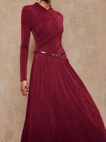 Lumalex VITNOS Autumn/Winter New Women's Elegant Burgundy Crossover Neck Glitter Chiffon Ruched Waist Design Metallic Leather Belt Decor Long Sleeve Fitted Flared Dress, Spring/Autumn Burgundy Long Sleeve Maxi Dress Wine Red Maxi Dress Red Long Sleeve Formal Dress Burgundy Formal Dress Long Red Elegant Dress Autumn Outfit, Suitable For Concerts, Dates, Weddings, Parties, Birthday, Night Out