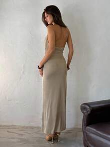 Aloruh Vestido longo feminino com gola franzida e contas, elegante e sexy para festa, para o verão, outono, para sair - Caqui - Ver 2
