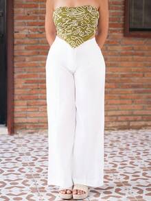 Melissa Matos Elegant Office Wear Loose Harem Pants, Elastic Waistband, Textured Fabric Women Extra Long Trousers - White - View 5