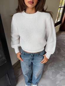 SHEIN Tall Suéter casual de mujer de unicolor con mangas farol, suéter acanalado blanco para otoño/invierno - Blanco - Ver 1