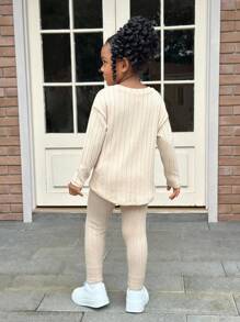 Set de 2 piezas Camiseta de punto acanalado de hombros caídos de unicolor y leggings pitillo de tela texturizada a juego para niña (se venden 2 sets por separado), ropa de niña para otoño/invierno